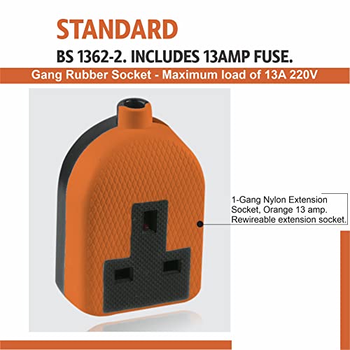 Heavy Duty Electrical 13 amp 1 Gang Re-Wireable Rubber Block Extension Socket - Orange (single socket), Orange,Multi - Image 3