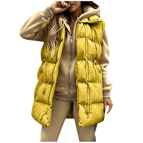Reokoou Women's Winter Quilted Padded Long Hooded Puffer Vest Jackets Coat Warm Pockets Sleeveless Gilet Outwear
