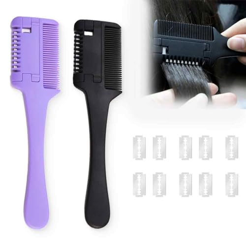 AIYVELU 2 Pieces Hair Thinning Comb Hairdressing Thinning Comb Double Sided Razor with 10 Replacement Blades for Home Hair Cutting Adults Kids