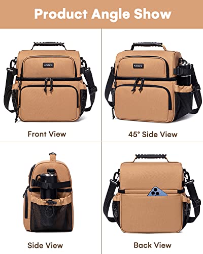 Artelaris Lunch Bag For Men Women, Dual Compartment Insulated Lunch Bag, Large Double Deck Leakproof Cooler Tote Bag With Side Pockets & Shoulder Strap Lunch Box For Picnic Work Camping Fishing #TOP7