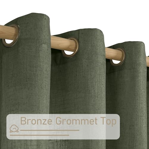 Image of LAMIT Long Linen Curtains 2 Panels Set for Living Room, 108 inches Long Light Filtering Bronze Grommet Window Textured Neutral Sheer Drapes for Bedroom French Door, 52 x 108 Inch, Olive Green
