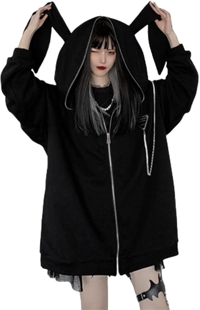 Amazon Co Jp Qian Qian うさぎ耳 コート ジャケット メンズ レディース 裏毛 ロング丈うさぎ ピアス付きうさ耳 やわらかジップ パーカー 薄手 パーカー おしゃれ ファッション 無地 ゆったり 大きいサイズ ブラック 薄手 ファッション