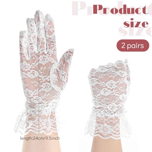 2Pairs Short Lace Gloves White Tea Party Gloves Vintage Courtesy Glove for Formal Princess Dressing Wedding Halloween2