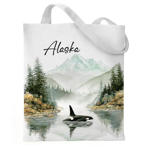VeloKomo Alaska Souvenirs Tote Bag - Watercolor Cruise Travel Essentials Reusable Grocery Shopping Bags with Inner Pocket Personalized Cotton Handbag Christmas New Year Birthday Gift for Women Mom