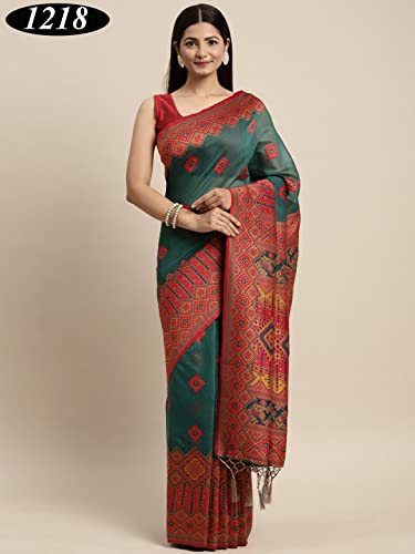 Sari traditionnel coton vert bouteille semi-cousu facile à ajuster pour femme