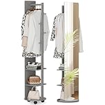 Warmiehomy 39X170cm Full Length Mirror with Coat Rack, 360° Solid Wood Swivel Freestanding Floor Long Mirror for Bedroom, Living Room, Cloakroom(Grey)