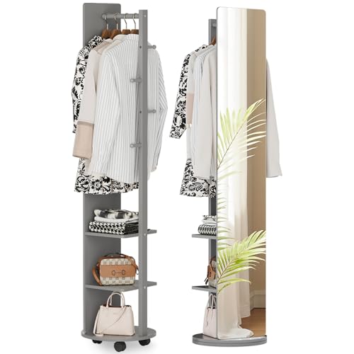Warmiehomy 39X170cm Full Length Mirror with Coat Rack, 360° Solid Wood Swivel Freestanding Floor Long Mirror for Bedroom, Living Room, Cloakroom(Grey)