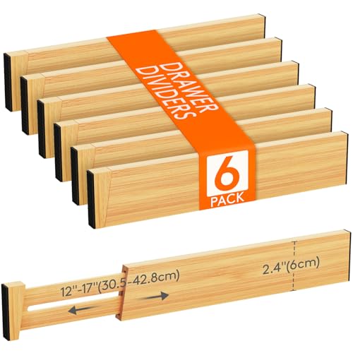 Lifewit Juego de 6 separadores de cajones ajustables de bambú, 6 cm de alto y 31 – 42 cm de largo, divisor de cajones, organizador de cajones para cocina, armarios, escritorio/tocador