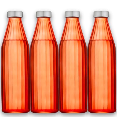 Image of SAND DUNE OrangeColour Glass water bottle, 800 ml Each, Set of 4, with Leak-Proof Airtight Stainless-Steel Lid for Water, Smoothie, Juices - Reusable Travel Glass Drinking Fridge Bottles