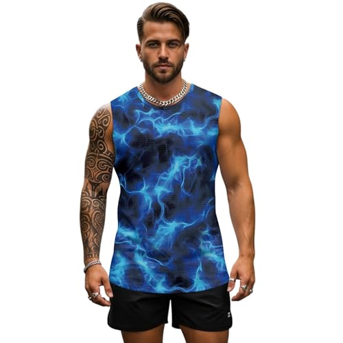 Image of Cumagical Mens Casual Tank Top Blue Flame Graphic Fashion Muscle Tank Tops Athletic Party BBQ Summer Crew Neck Black Sleeveless T Shirts for Men