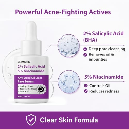 Image of Dermistry 2% Salicylic Acid 5% Niacinamide Zinc Spots Corrector Face Serum for Oily Acne Prone Skin Exfoliating Open Pores Oil Control & Removal Pimples Scar Marks Blemishes Men Women Boys Girls 30ml