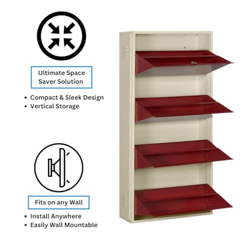 Image of DELITE KOM 29 inch Wide, 8 Shelf Metal Shoe Rack Wall Mounted for Home with Central Lock Holds Upto 28 Shoes or 48 Slippers Pair | Double Decker, 1Yr Warranty, (54x29x8, Ivory Brick Red),DIY, Space Saver