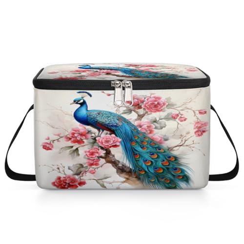 GzLeyigou Peacock Rose Lunch Bags for Women Men 9 Cans, Hot & Cold Food Delivery Bag Insulated Grocery Bag Insulated Lunch Box Peacock Cooler Bag for Office Work Picnic Beach