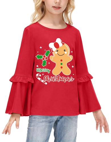 Image of BesserBay Girls Christmas Long Bell Sleeve Ruffle Tunic Top 4-12 Years