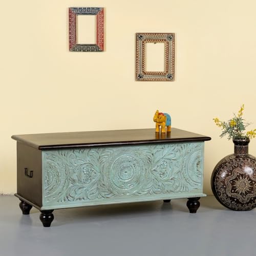 Image of Natura Solid Wood Coffee Table for Living Room Wooden Trunk Box for Storage | Handcrafted Center Table for Living Room with Sandook Storage | Pitara for Home and Bedroom (Walnut and Rustic)