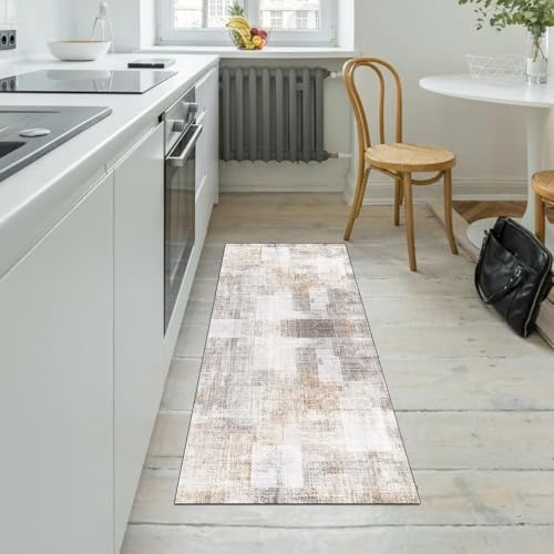 Alfombra de pasillo gris y beige lavable de 70 x 200 cm con base antideslizante para cocina 5