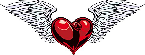 Divine Designs Pretty Folded Metallic Heart with Feather Angel Wings Cartoon Vinyl Decal Sticker (4" Wide, Red)
