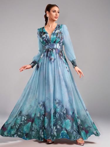 Image of TOLEEN Summer Casual Dresses for Women 2024 Spring Fashion Boho V Neck Long Sleeve Ruffle Floral Print Elegant Maxi Dress