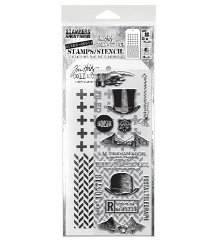 Stamper's Anonymous Tim Holtz Herringbone Vintage Postal Mixed Media Stamp and Stencil Set THMM116
