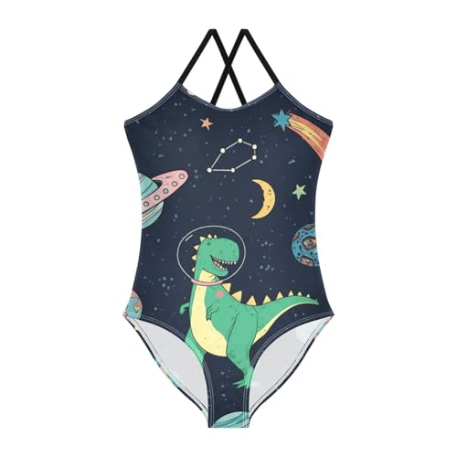 CHIFIGNO Green Dinosaur Space One Piece Swimsuit Kids, Quick Dry Crossback Little Girls Bathing Suits for Beach 3T