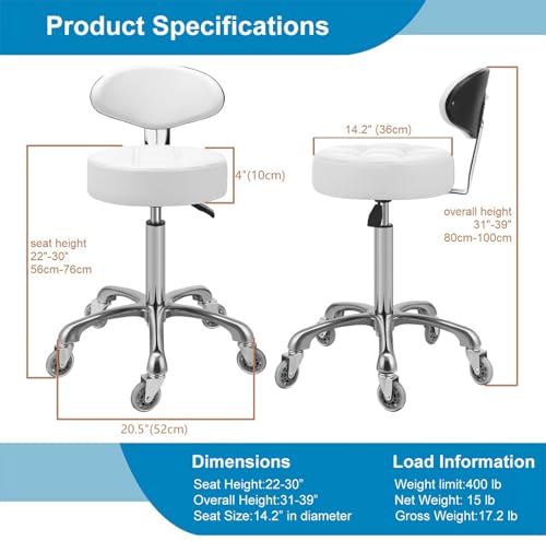 Image of Kaleurrier Rolling Stool with Back Support: Adjustable Height 22-30 inches for Nail Lash Tech Stylist - Heavy Duty Stool Chair with Wheels for Salon Shop Office Kitchen Garage White