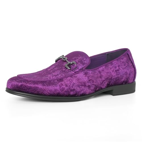 Rogers & Morris Mens Luxury Velvet Loafers Paisley Pattern Horsebit Dress Shoes Prom Wedding Party Smoking Slippers Purple 10