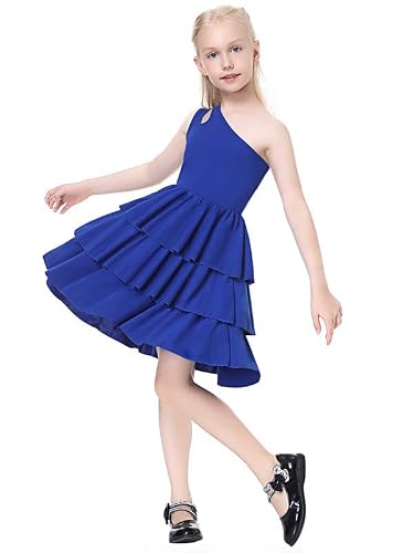 Mebius Girls Dresses One Shoulder Tiered Special Occasion Sleeveless Cutout Kids A-Line Dress For Party Birthday Blue 10Y #TOP2