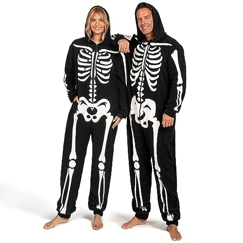 Spooktacular Creations Erwachsene Skelettkostüme für Männer Skelett Jumpsuit Pyjama Zip-up-Kapuze-Jumpsuit Halloween Cosplay Kostüm Nachtwäsche Homewear, M.