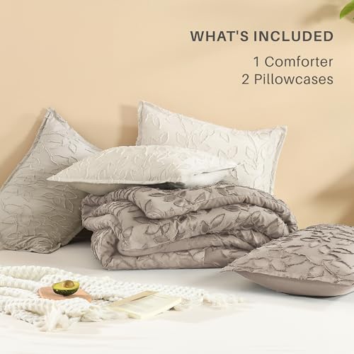 Image of Litanika Queen Size Comforter Set Light Coffee, 3 Piece Cream Boho Tufted Bedding, Fluffy Farmhouse Bed Set for All Season with 2 Leaf Pattern Pillowcases(90x90In)