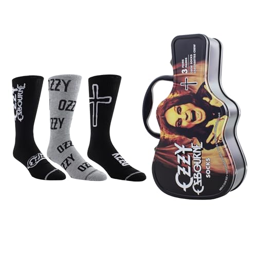 PERRIS SOCKS Ozzy Osbourne Guitar Tin Sock Box - Licensed Ozzy Osbourne Merchandise for Women and Men 3 Pairs of Printed Crew Socks Size 7-12 Breathable Fabric Unisex