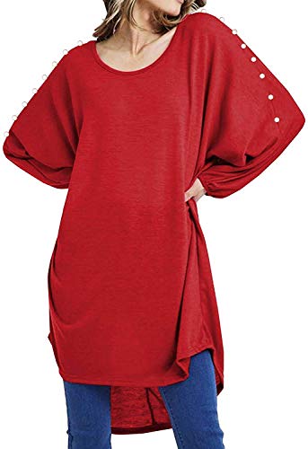 Vestido suelto para mujer de talla grande con detalles de perlas y dobladillo alto y bajo, color negro, azul marino, rojo, carbón, caqui, mostaza, óxido, tallas 12, 14, 16, 18, 20 Rojo rosso 40-42