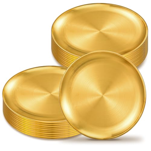 MBAIYO 20Pcs 6.5 Inch Gold Stainless Steel Dinner Plates, Round Dessert Serving Trays Gold Dessert Plates for BBQ Salad Snack Camping Dishwasher Safe