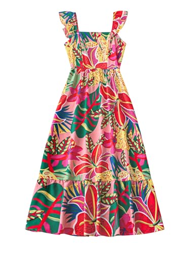 Verdusa Girl's Tropical Print Ruffle Cap Sleeve Dress Square Neck High Waisted Vacation Maxi Dresses