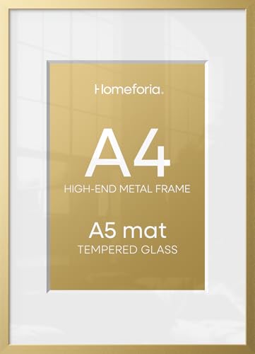 Image of Homeforia A4 Gold Picture Frame, High-End Metal, A5 Mat, Glass | High End Aluminum, Tempered Glass, Acid-Free A5 Removable Mat, A4 Edge-to-Edge Display, Wall Kit, Set Of 2