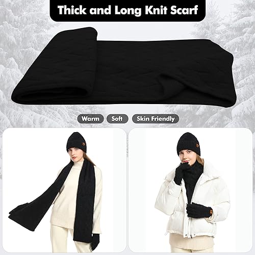 Winter Knit Hat Beanie Scarf for Women with Touch Screen Gloves Set Skull Caps Pompom Hat Neck Scarves for Men4