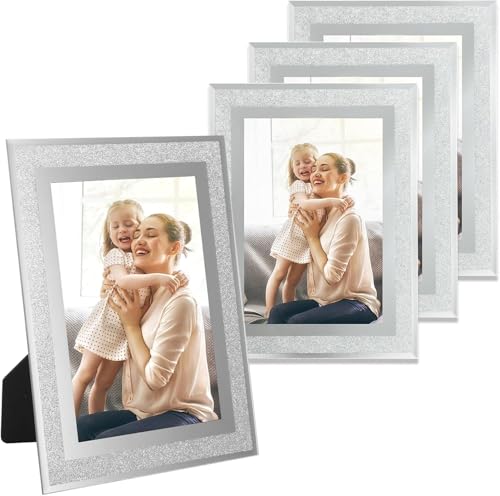 Abaigeal 4 Pack 6 x 4 Inch Glass Photo Picture Frames, Glitter Picture Frame Crystal Picture Frame Wall Decor Mirror Picture Frames Decor for Graduate Wedding Home Table - Silver