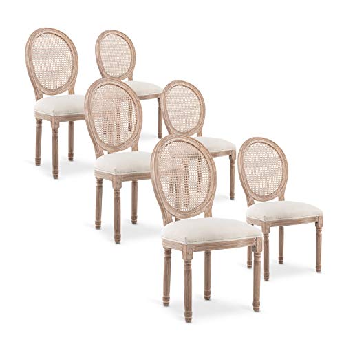 INTENSE DECO Lot de 6 chaises médaillon Louis XVI Cannage Rotin Tissu Beige