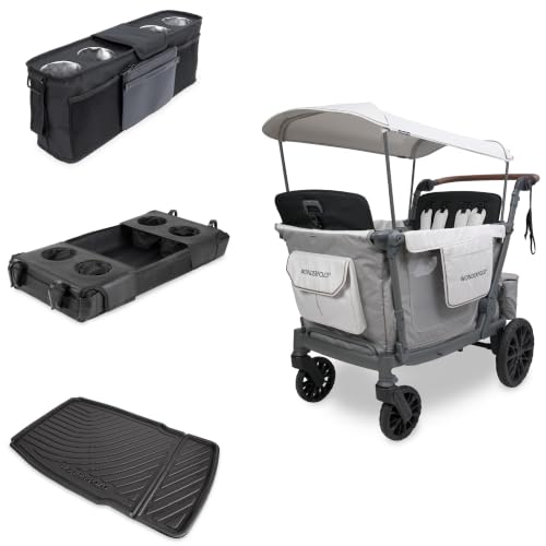 Wonderfold L4 Wagon Bundle - 4-Seater Stroller Wagon with All-Weather Mat, Flex Snack Tray, and Parent Console, Safety-Certified with 5-Point Harnesses - Gray