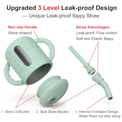 Seposeve 2 Pack Silicone Sippy Cups, Leak-Proof Baby Straw Cup for 6-12 Months, Spill Proof Toddler Cup with Straw 1-3 Years, with Capacity Marking, Non-slip Handle, Flow Control, 6 oz, Green Blue - Thumbnail 3