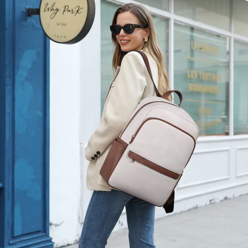 Cluci Leather Laptop Backpack For Women 15.6 Inch Computer Backpack Stylish Travel Backpack Airline Approved Work Daypack Bag Off-White With Brown #TOP1
