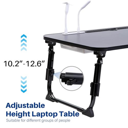 Laptop Desk for Bed, Height Adjustable Laptop Bed Table, Foldable Portable Lap Desk Stand with USB/Storage Drawer/Cup Holder/Slot, Breakfast Tray for Working Reading Writing Eating, Black