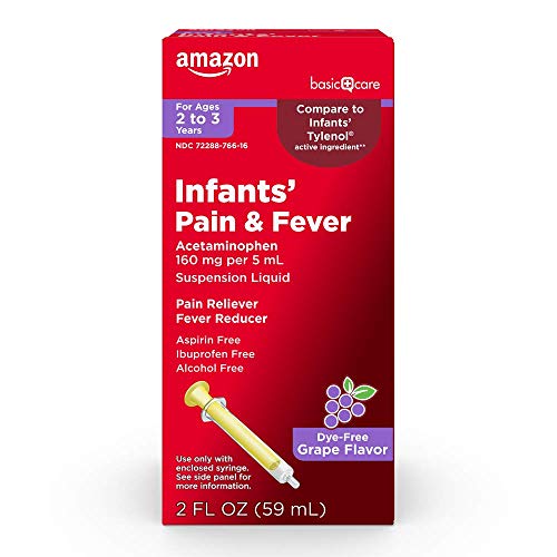 Image of Amazon Basic Care Infants' Pain & Fever, Acetaminophen 160 mg per 5 mL, Suspension Liquid, Dye-Free Grape Flavor, 2 Fluid Ounces