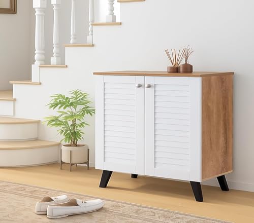 Image of Mevigo Wooden Shoe Rack Cabinet for Entryway - Modern 2 Door 4-Tier Storage Organizer, Wooden Cupboard for Home, Space Saving Shoe Rack Wallnut Shoes Storage Cabinet -White-VB1