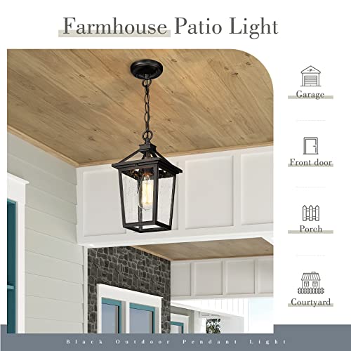 Image of zeyu Farmhouse Outdoor Ceiling Hanging Light, 12 Inch Industrial Pendant Light Fixture for Front Porch, Die-Cast Aluminum in Black Finish with Seeded Glass, ZX58H BK