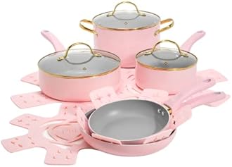 Paris Hilton Cookware Set with Gold Rim Lid, 12-Piece, Pink