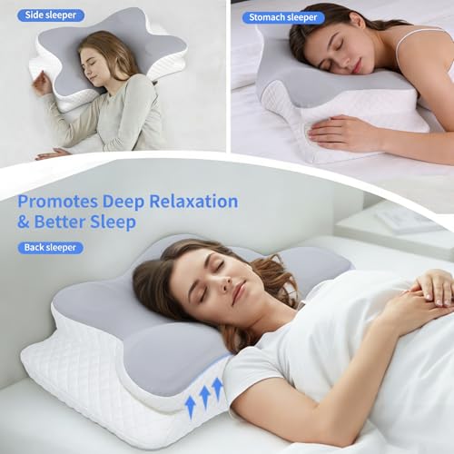 MargGona Cervical Pillow for Neck Pain Relief, Hollow Design Memory Foam Bed Pillow for Side & Back Sleepers, Ergonomic Contour Orthopedic Pillow with Adjustable Support (White with Grey) — view 5