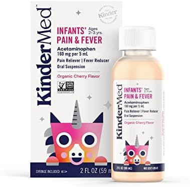 KinderMed Infants' Pain and Fever with Acetaminophen, Baby Pain Reliever and Fever Reducer, Organic Cherry Flavor, 2 Fl Oz