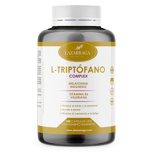 Lazarraga | Triptófano con Magnesio, Melatonina, Vitamina B6 y Valeriana | Complemento para dormir y reducir el estrés y la ansiedad | 180 cápsulas Vegetales | Vegano | 3 Meses de Tratamiento