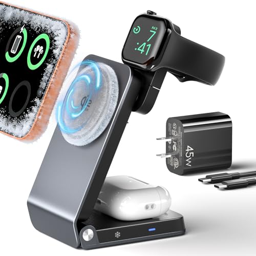 ALAFLY 25W Fast Charging Station with Cooling Fan Certified, Wireless Charger 3-in-1 for iPhone 17 promax, Apple Watch, AirPods with MagSafe, Aluminum Alloy Charging Stand with 45W Adapter by ALAFLY - Used condition - US$40.47