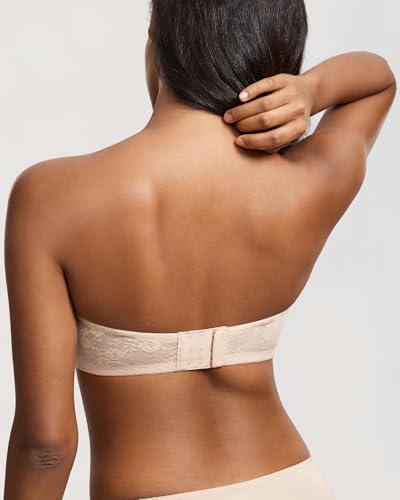 Image of DOBREVA Women's Strapless Lace Bras Unlined See-Through | Underwire, Floral Lace, Sexy, Sheer, Soft, Bow, Multiway, Comfort